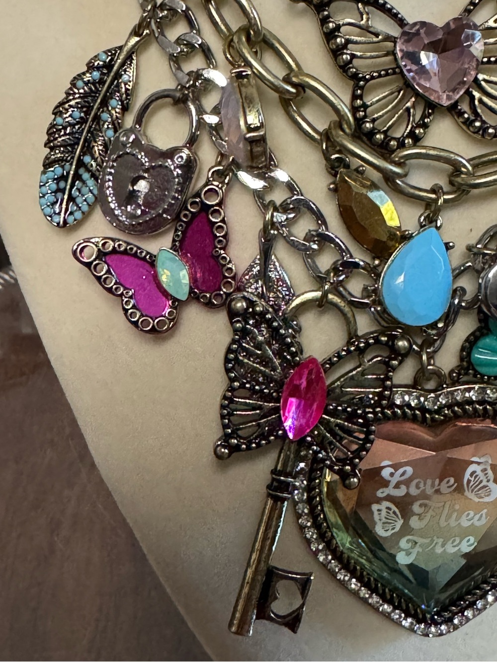 BETSEY JOHNSON Multi-Layer Butterflies Keys Heart Pendant Charm Necklace - Picture 4 of 10